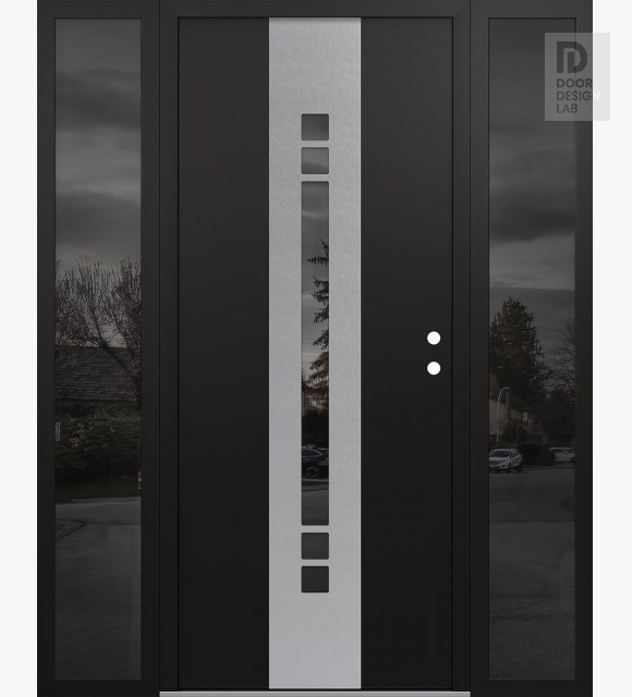 Modern Steel Front Door DIAMOND A4 64" X 80" BLACK/BLACK MIRRORED GLASS PANEL STAINLESS STEEL LHI WITH 2 SIDELITES MIRRORED GLASS