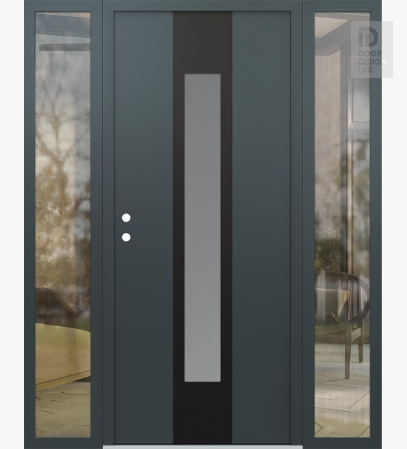 Modern Steel Front Door DIAMOND A1 64" X 80" ANTHRACITE/ANTHRACITE FROSTED GLASS PANEL BLACK RHI WITH 2 SIDELITES CLEAR GLASS