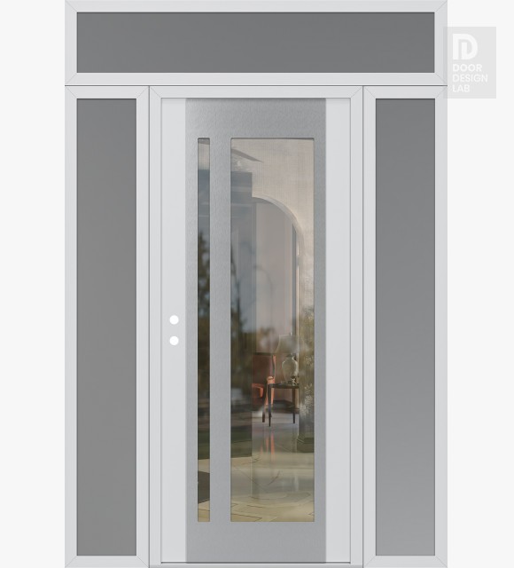 Modern Steel Front Door Diamond C15 64" x 96" white/white clear Glass Panel stainless steel RHI with 2 Sidelites and Transom frosted Glass