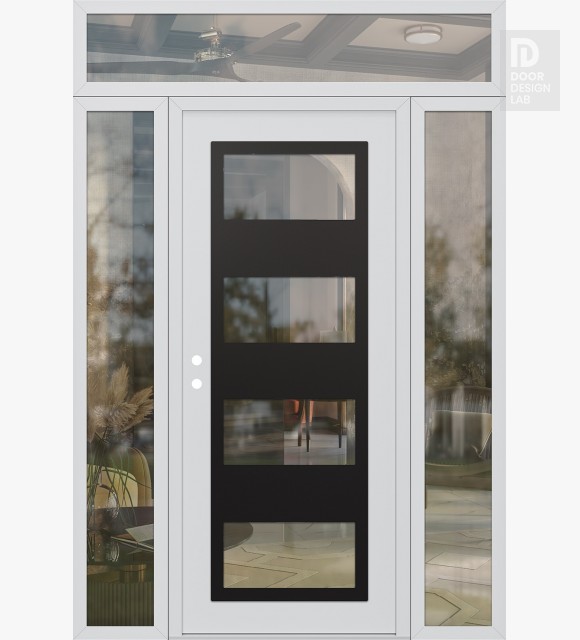 Modern Steel Front Door Diamond C2 64" x 96" white/white clear Glass Panel black RHI with 2 Sidelites and Transom clear Glass