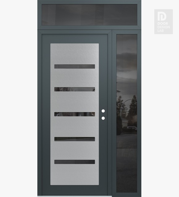 Modern Steel Front Door Diamond C7 48" x 96" anthracite/anthracite mirrored Glass Panel stainless steel LHI with Sidelite and Transom mirrored Glass