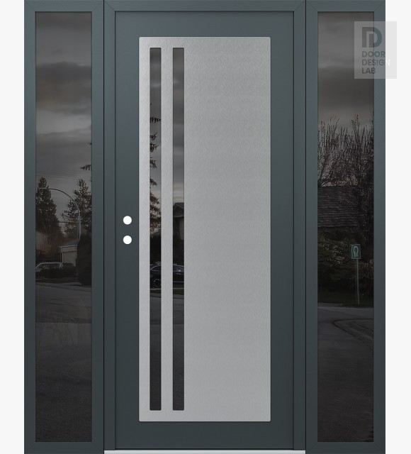 Modern Steel Front Door Diamond C6 60" x 80" anthracite/anthracite mirrored Glass Panel stainless steel RHI with 2 Sidelites mirrored Glass