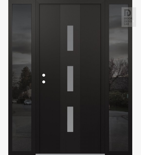 Modern Steel Front Door DIAMOND A7 60" X 80" BLACK/WHITE FROSTED GLASS PANEL BLACK RHI WITH 2 SIDELITES MIRRORED GLASS