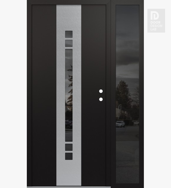 Modern Steel Front Door DIAMOND A4 52" X 80" BLACK/BLACK MIRRORED GLASS PANEL STAINLESS STEEL LHI WITH SIDELITE MIRRORED GLASS