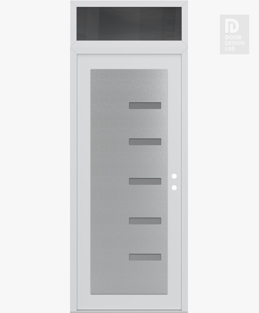 Modern Steel Front Door Diamond C8 36" x 96" white/white frosted Glass Panel stainless steel LHI with Transom mirrored Glass