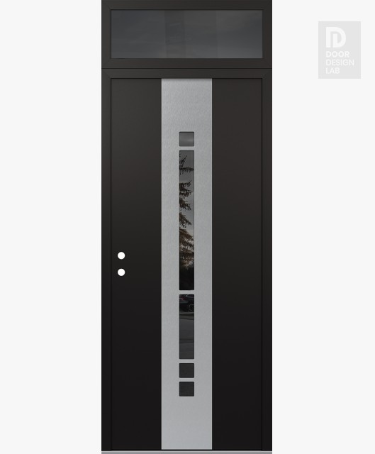 Modern Steel Front Door DIAMOND A3 36" X 96" BLACK/BLACK MIRRORED GLASS PANEL STAINLESS STEEL RHI WITH TRANSOM MIRRORED GLASS