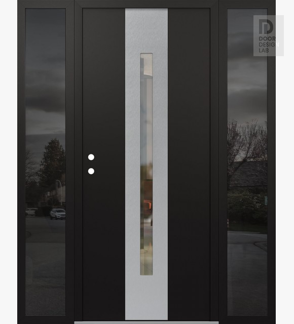Modern Steel Front Door DIAMOND A2 64" X 80" BLACK/BLACK CLEAR GLASS PANEL STAINLESS STEEL RHI WITH 2 SIDELITES MIRRORED GLASS