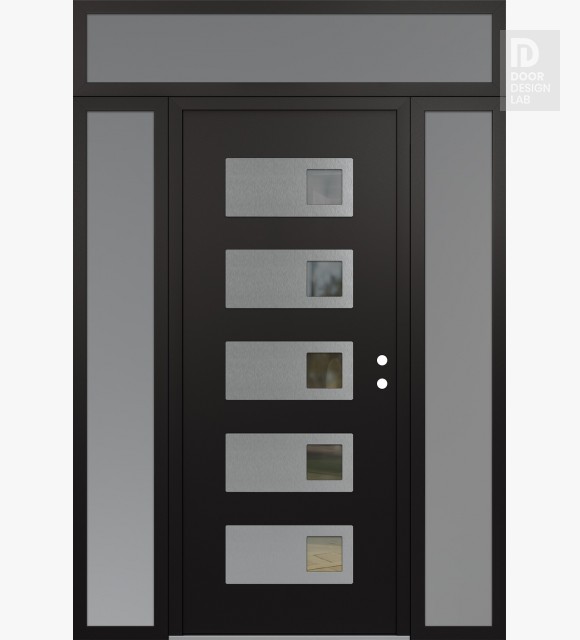 Modern Steel Front Door Diamond D2 68" x 96" black/black clear Glass Panel stainless steel LHI with 2 Sidelites and Transom frosted Glass