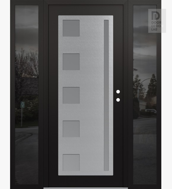 Modern Steel Front Door Diamond C3 68" x 80" black/white frosted Glass Panel stainless steel LHI with 2 Sidelites mirrored Glass
