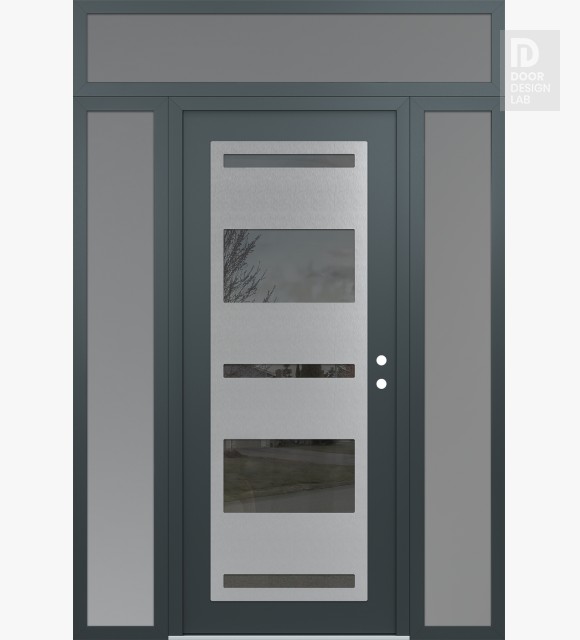 Modern Steel Front Door Diamond C10 60" x 96" anthracite/anthracite mirrored Glass Panel stainless steel LHI with 2 Sidelites and Transom frosted Glass