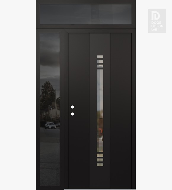 Modern Steel Front Door DIAMOND A5 50" X 96" BLACK/BLACK CLEAR GLASS PANEL BLACK RHI WITH SIDELITE AND TRANSOM MIRRORED GLASS