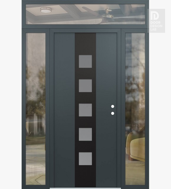 Modern Steel Front Door DIAMOND A13 64" X 96" ANTHRACITE/ANTHRACITE FROSTED GLASS PANEL BLACK LHI WITH 2 SIDELITES AND TRANSOM CLEAR GLASS