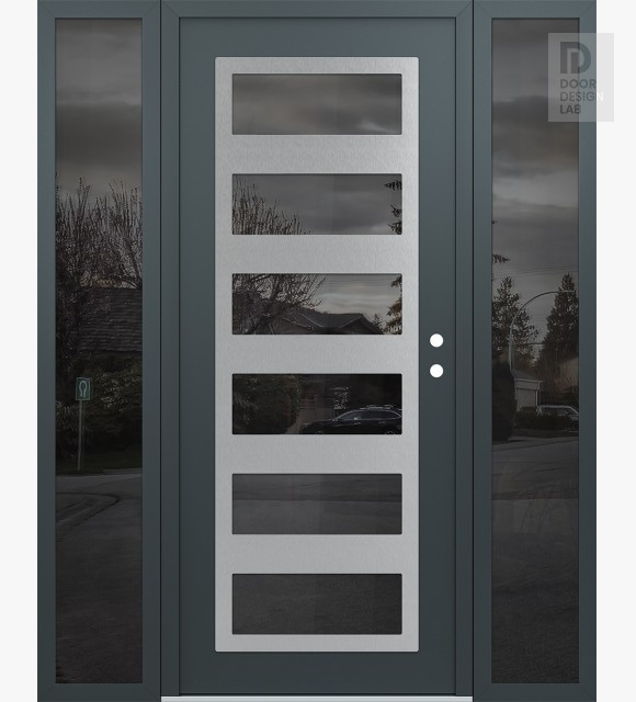 Modern Steel Front Door Diamond C9 68" x 80" anthracite/anthracite mirrored Glass Panel stainless steel LHI with 2 Sidelites mirrored Glass