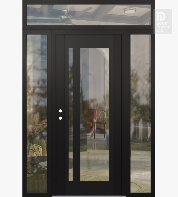 Modern Steel Front Door Diamond C15 60" x 96" black/black clear Glass Panel black RHI with 2 Sidelites and Transom clear Glass