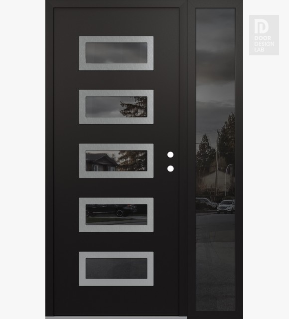 Modern Steel Front Door Diamond D1 52" x 80" black/black mirrored Glass Panel stainless steel LHI with Sidelite mirrored Glass