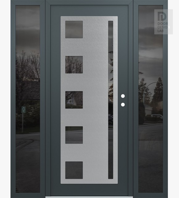 Modern Steel Front Door Diamond C3 60" x 80" anthracite/anthracite mirrored Glass Panel stainless steel LHI with 2 Sidelites mirrored Glass