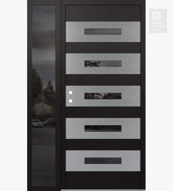 Modern Steel Front Door Diamond D9 48" x 80" black/black mirrored Glass Panel stainless steel RHI with Sidelite mirrored Glass