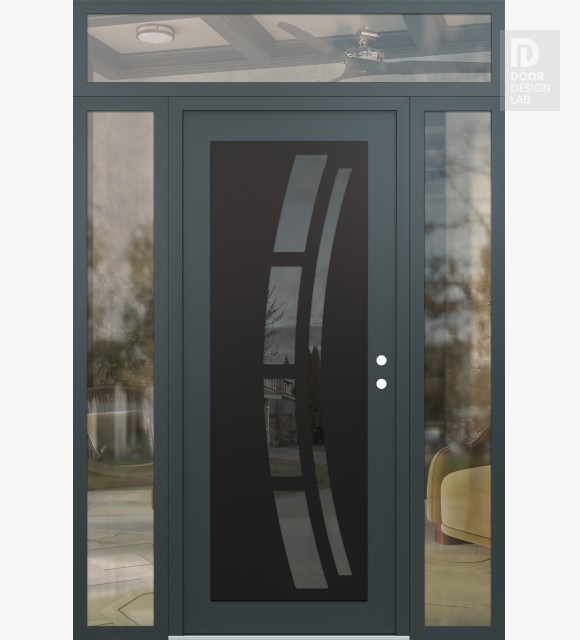 Modern Steel Front Door Diamond C12 64" x 96" anthracite/anthracite mirrored Glass Panel black LHI with 2 Sidelites and Transom clear Glass