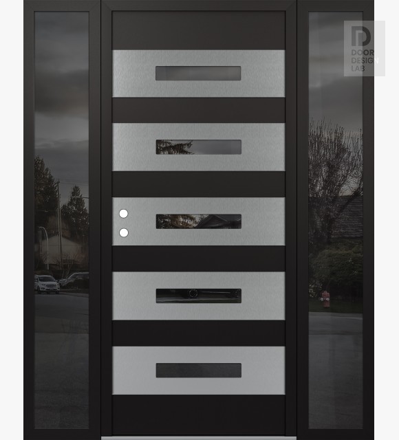 Modern Steel Front Door Diamond D9 68" x 80" black/black mirrored Glass Panel stainless steel RHI with 2 Sidelites mirrored Glass