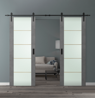DOUBLE BARN DOOR AVON 202 4H GOLD STRIPS VETRO DARK URBAN 48" X 80" X 1 3/4" BLACK HARDWARE