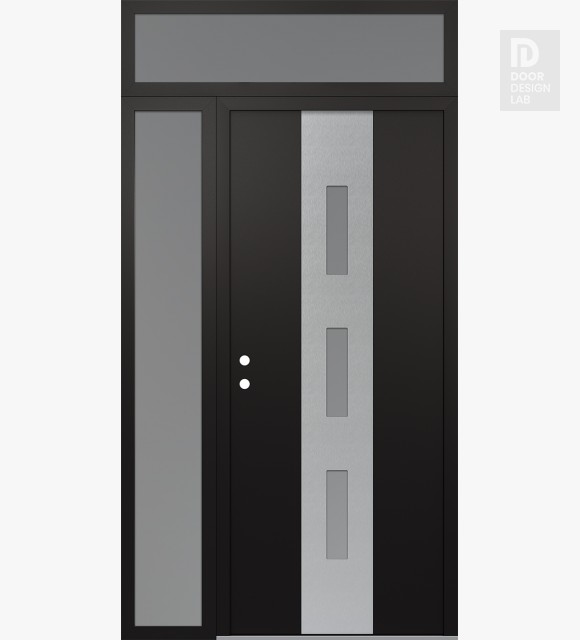 Modern Steel Front Door DIAMOND A7 48" X 96" BLACK/WHITE FROSTED GLASS PANEL STAINLESS STEEL RHI WITH SIDELITE AND TRANSOM FROSTED GLASS