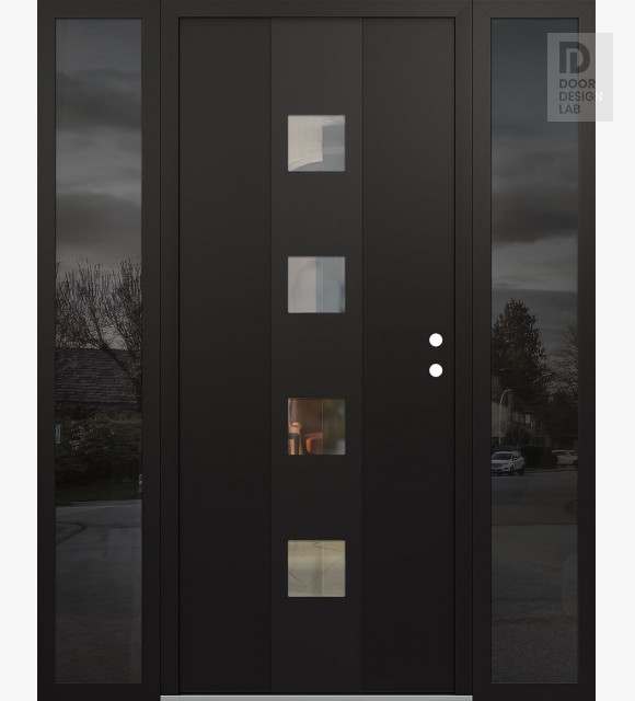 Modern Steel Front Door DIAMOND A12 64" X 80" BLACK/BLACK CLEAR GLASS PANEL BLACK LHI WITH 2 SIDELITES MIRRORED GLASS