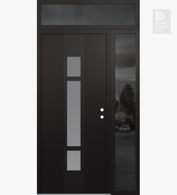 Modern Steel Front Door DIAMOND A9 52" X 96" BLACK/WHITE FROSTED GLASS PANEL BLACK LHI WITH SIDELITE AND TRANSOM MIRRORED GLASS
