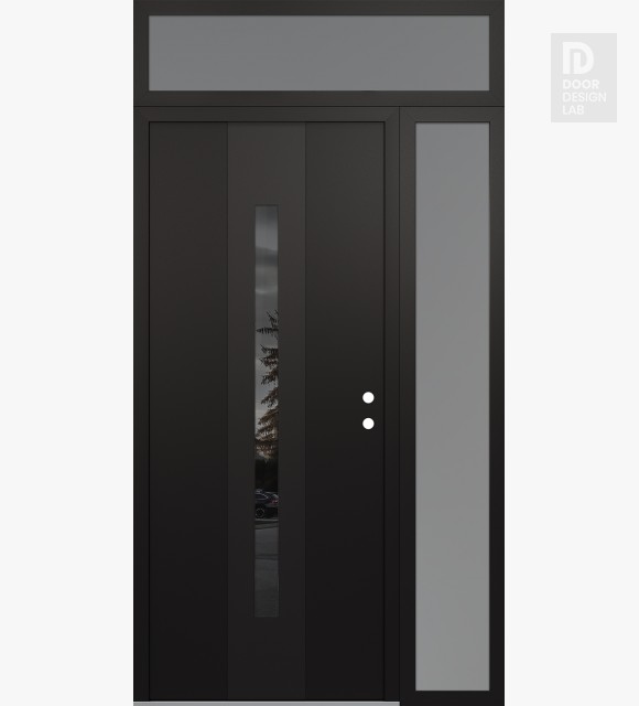 Modern Steel Front Door DIAMOND A2 52" X 96" BLACK/BLACK MIRRORED GLASS PANEL BLACK LHI WITH SIDELITE AND TRANSOM FROSTED GLASS