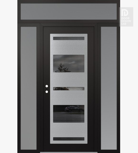 Modern Steel Front Door Diamond C10 68" x 96" black/black mirrored Glass Panel stainless steel RHI with 2 Sidelites and Transom frosted Glass