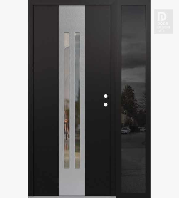 Modern Steel Front Door DIAMOND A8 48" X 80" BLACK/BLACK CLEAR GLASS PANEL STAINLESS STEEL LHI WITH SIDELITE MIRRORED GLASS