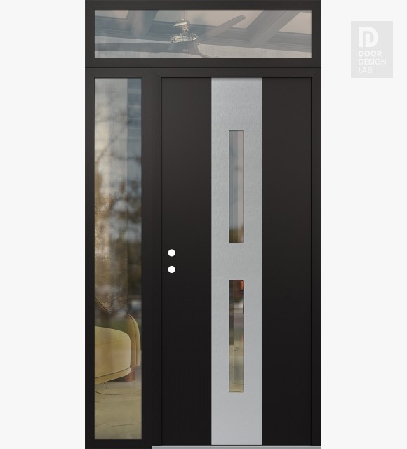 Modern Steel Front Door DIAMOND A6 48" X 96" BLACK/BLACK CLEAR GLASS PANEL STAINLESS STEEL RHI WITH SIDELITE AND TRANSOM CLEAR GLASS