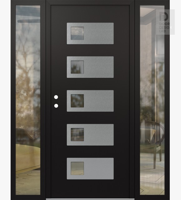 Modern Steel Front Door Diamond D2 64" x 80" black/black clear Glass Panel stainless steel RHI with 2 Sidelites clear Glass