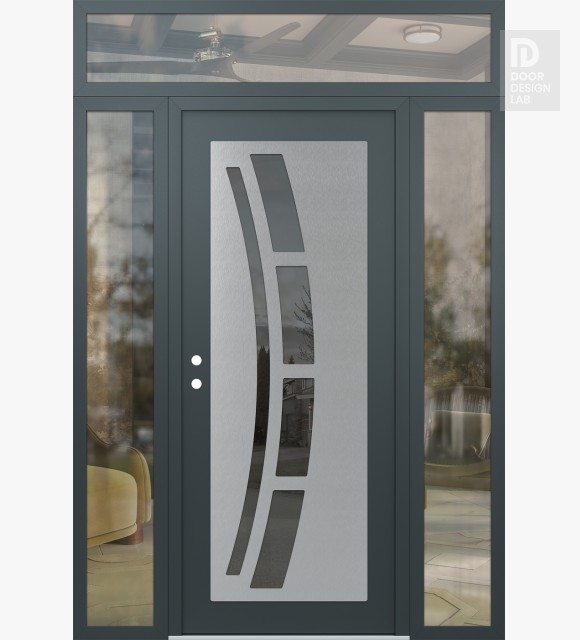 Modern Steel Front Door Diamond C12 64" x 96" anthracite/anthracite mirrored Glass Panel stainless steel RHI with 2 Sidelites and Transom clear Glass