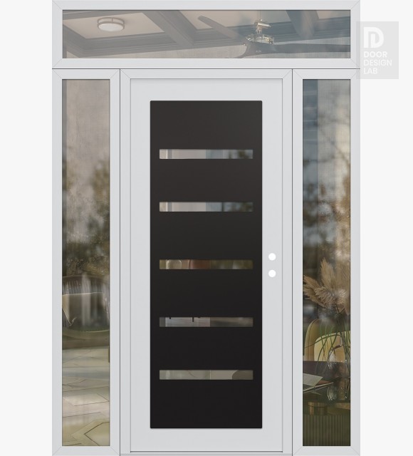 Modern Steel Front Door Diamond C7 68" x 96" white/white clear Glass Panel black LHI with 2 Sidelites and Transom clear Glass
