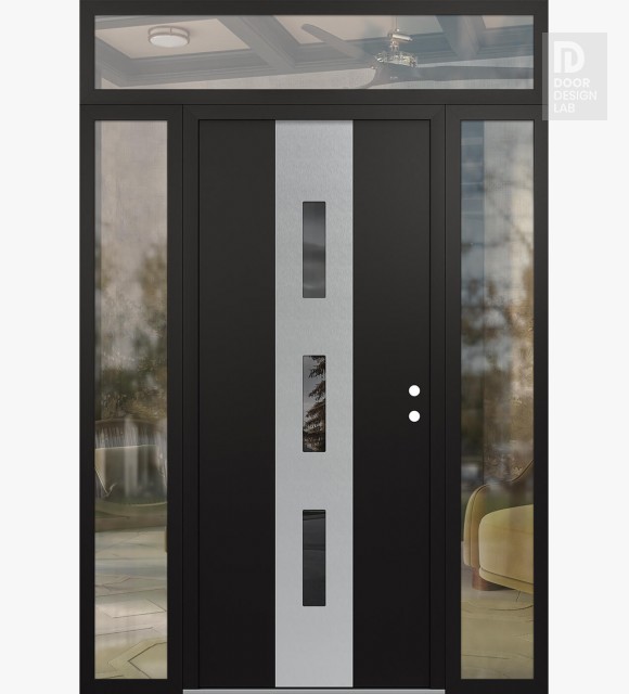 Modern Steel Front Door DIAMOND A7 68" X 96" BLACK/BLACK MIRRORED GLASS PANEL STAINLESS STEEL LHI WITH 2 SIDELITES AND TRANSOM CLEAR GLASS