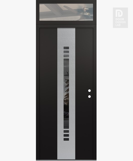 Modern Steel Front Door DIAMOND A5 36" X 96" BLACK/BLACK MIRRORED GLASS PANEL STAINLESS STEEL LHI WITH TRANSOM CLEAR GLASS