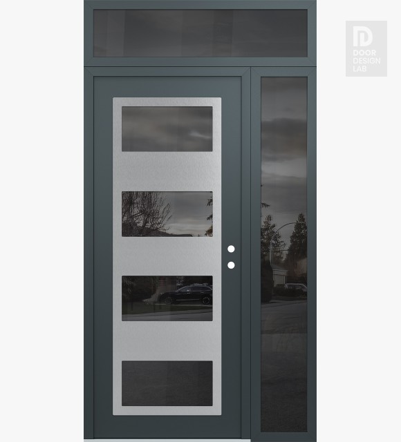 Modern Steel Front Door Diamond C2 50" x 96" anthracite/anthracite mirrored Glass Panel stainless steel LHI with Sidelite and Transom mirrored Glass