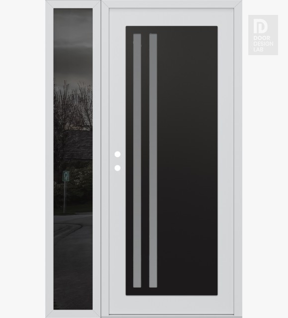 Modern Steel Front Door Diamond C6 48" x 80" white/white frosted Glass Panel black LHI with Sidelite mirrored Glass