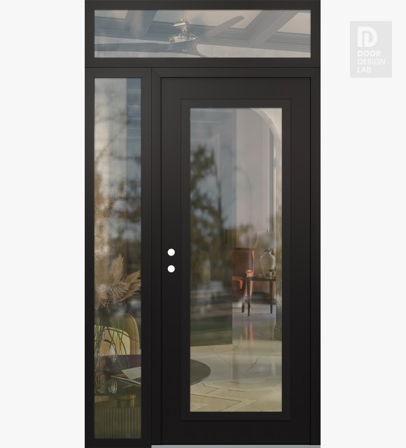 Modern Steel Front Door Diamond C1 52" x 96" black/black clear Glass Panel black RHI with Sidelite and Transom clear Glass