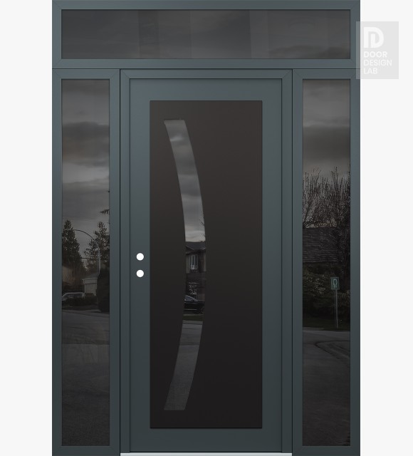 Modern Steel Front Door Diamond C4 60" x 96" anthracite/anthracite mirrored Glass Panel black RHI with 2 Sidelites and Transom mirrored Glass