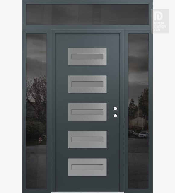 Modern Steel Front Door Diamond D4 68" x 96" anthracite/anthracite frosted Glass Panel stainless steel LHI with 2 Sidelites and Transom mirrored Glass