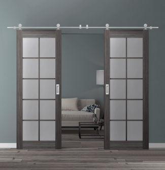 DOUBLE BARN DOOR PALLADIO 10 LITE VETRO GRAY OAK 64" X 96" X 1 9/16" TEMPERED FROSTED GLASS STAINLESS STEEL HARDWARE
