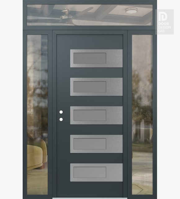 Modern Steel Front Door Diamond D3 64" x 96" anthracite/anthracite frosted Glass Panel stainless steel RHI with 2 Sidelites and Transom clear Glass