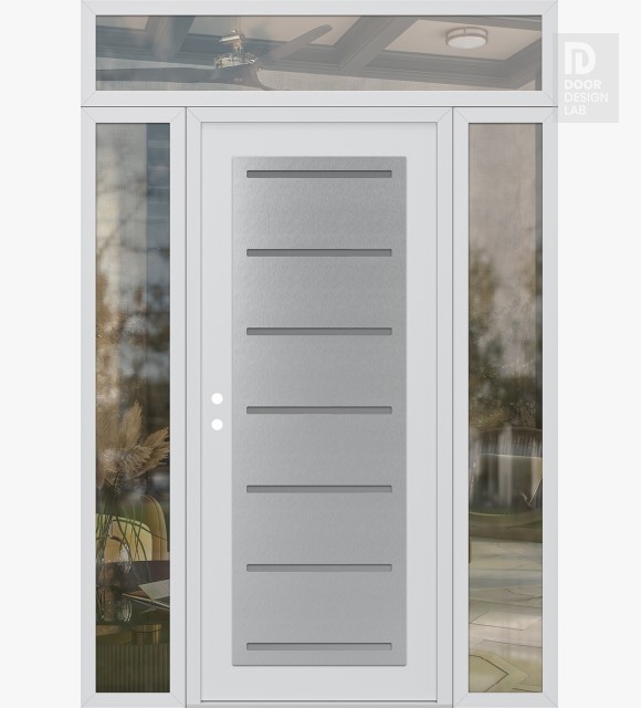 Modern Steel Front Door Diamond C11 64" x 96" white/white frosted Glass Panel stainless steel RHI with 2 Sidelites and Transom clear Glass