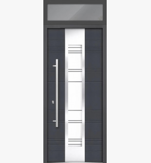 36 x 96 Front Exterior Prehung Steel Door / Deux 0757 Gray Graphite / Top Exterior Window / Stainless Inserts Single Modern Painted Right-hand Inswing