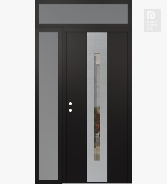 Modern Steel Front Door DIAMOND A2 52" X 96" BLACK/BLACK CLEAR GLASS PANEL STAINLESS STEEL RHI WITH SIDELITE AND TRANSOM FROSTED GLASS