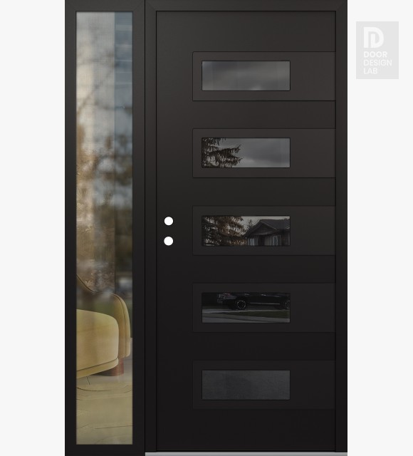 Modern Steel Front Door Diamond D3 50" x 80" black/black mirrored Glass Panel black RHI with Sidelite clear Glass