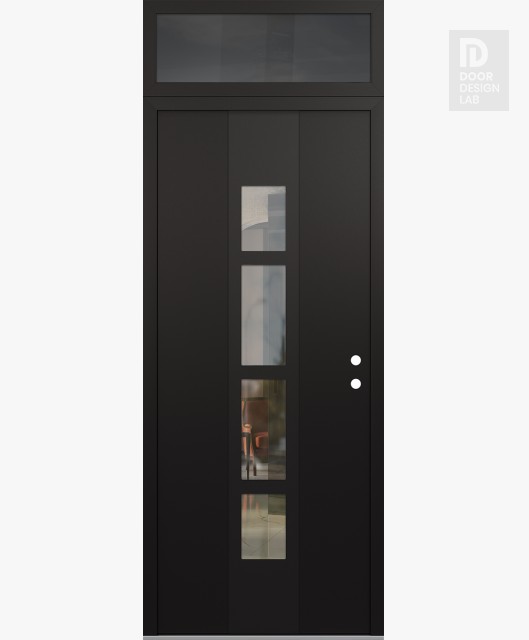 Modern Steel Front Door DIAMOND A10 36" X 96" BLACK/BLACK CLEAR GLASS PANEL BLACK LHI WITH TRANSOM MIRRORED GLASS