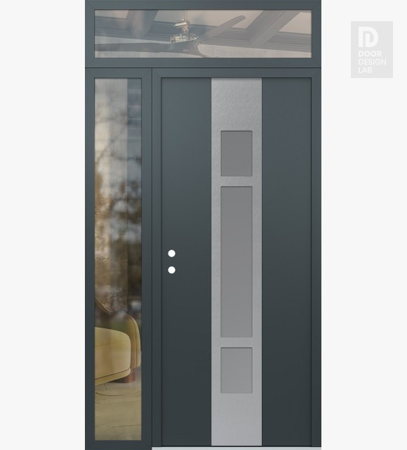Modern Steel Front Door DIAMOND A9 48" X 96" ANTHRACITE/ANTHRACITE FROSTED GLASS PANEL STAINLESS STEEL RHI WITH SIDELITE AND TRANSOM CLEAR GLASS