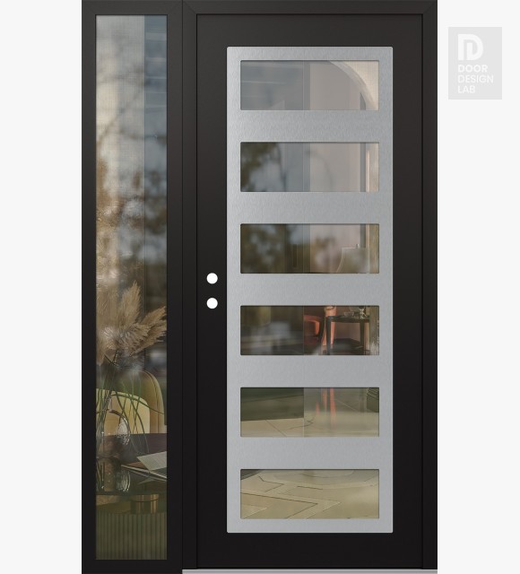Modern Steel Front Door Diamond C9 50" x 80" black/black clear Glass Panel stainless steel RHI with Sidelite clear Glass